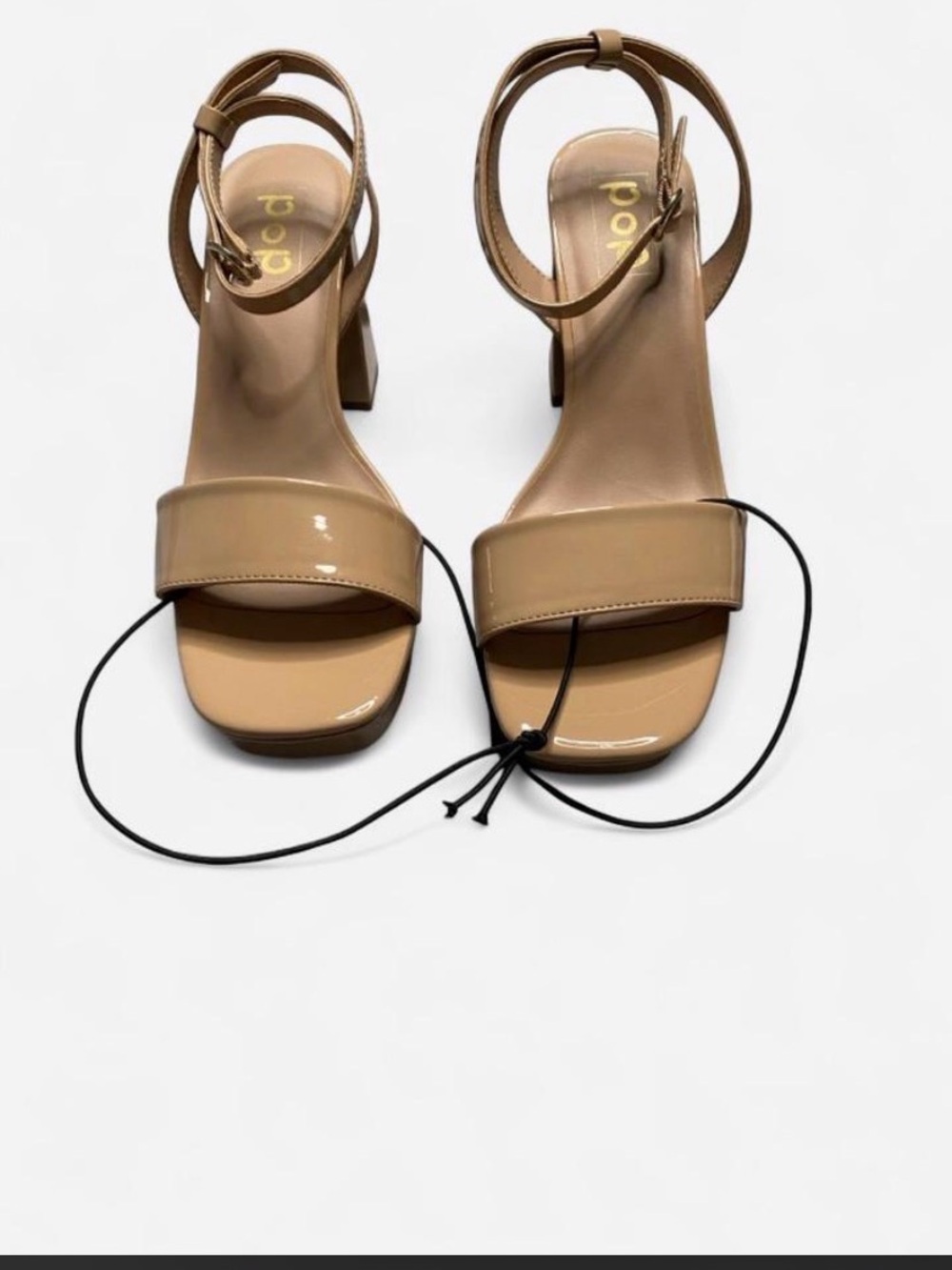 pop Beige Patent Block Heel Sandals with Ankle Strap